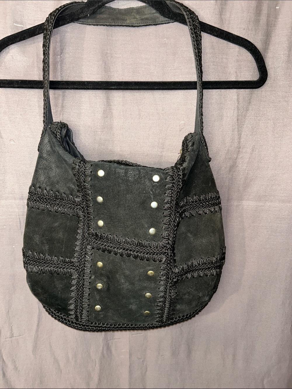 The Sak Original Y2K Black Suede Crochet Studded Hobo Shoulder Bag Boho